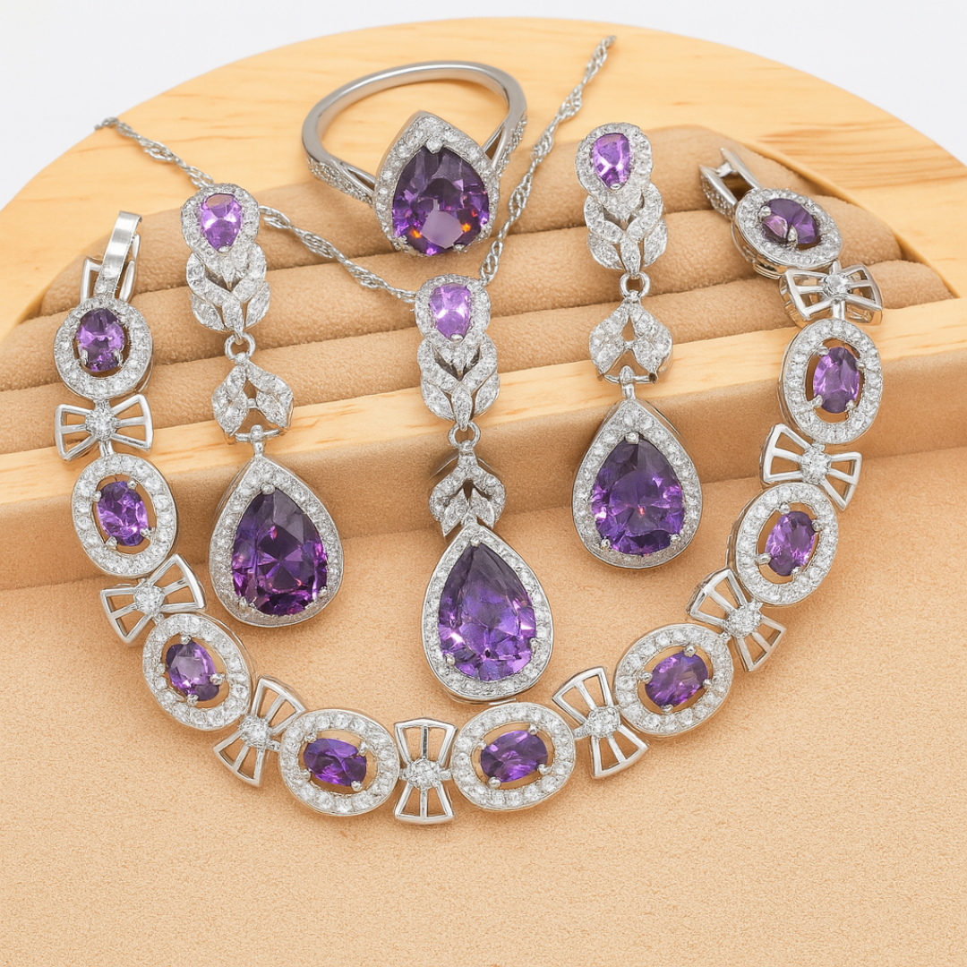 Amethyst Charm - Elegant Radiance Sterling Silver Jewelry Set Include Pendant Ring Bracelet & Earrings For Women