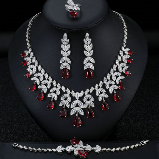 Crimson Elegance – Luxury Bracelet, Necklace, Earrings & Ring Set