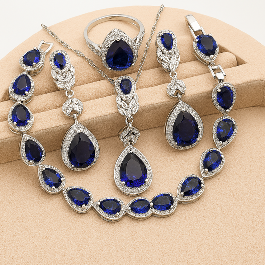Aqua Radiance Zircon Set - 925 Sterling Silver Water-Drop Zircon Jewelry Set for Women: Blue & White Bracelet, Earrings, Necklace, Pendant & Ring