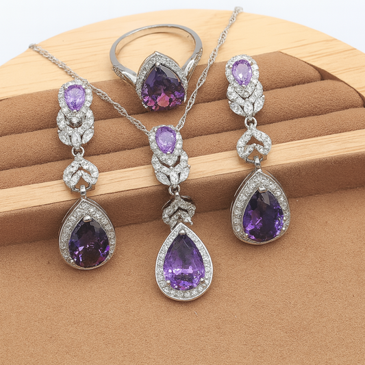 Amethyst Charm - Elegant Radiance Sterling Silver Jewelry Set Include Pendant Ring Bracelet & Earrings For Women