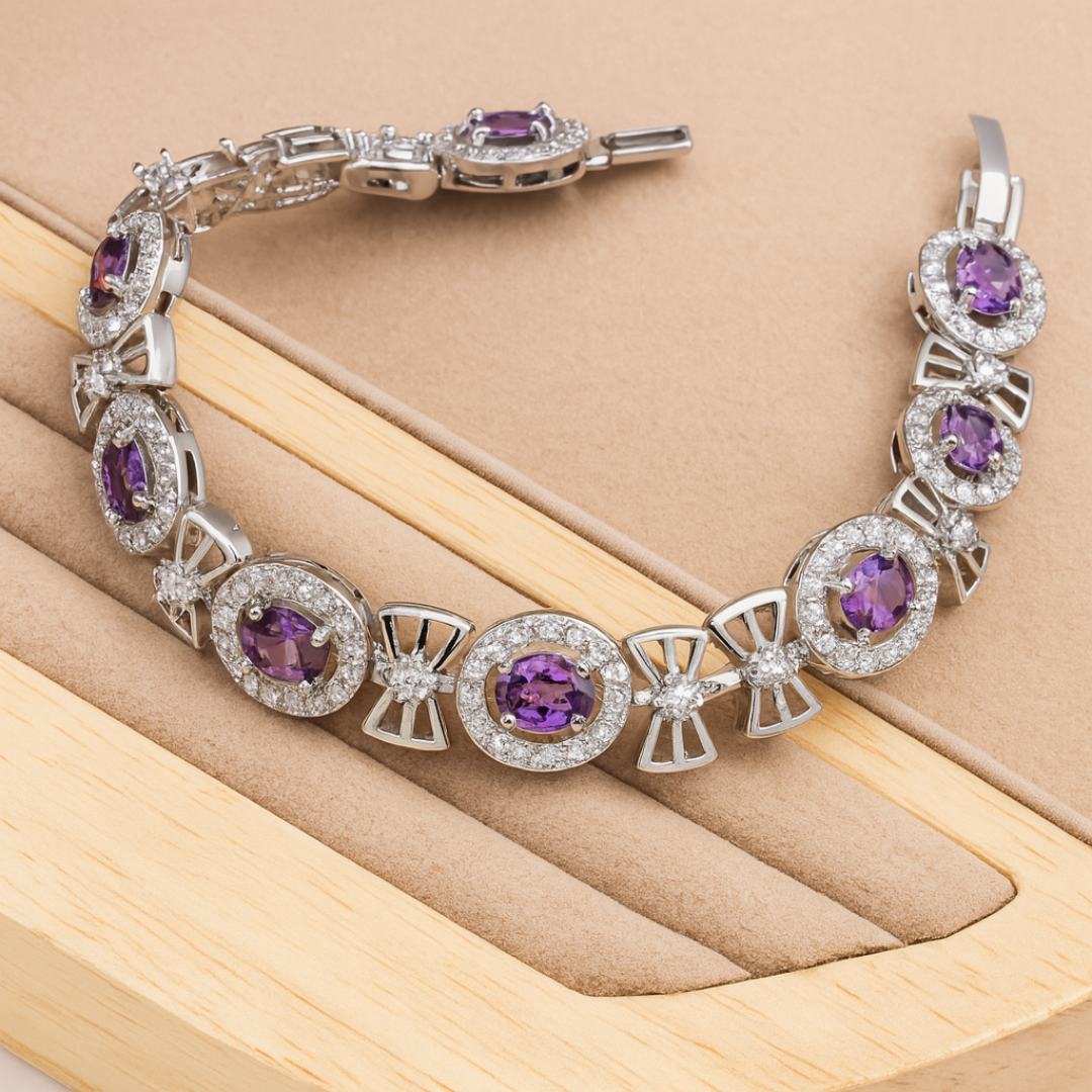 Amethyst Charm - Elegant Radiance Sterling Silver Jewelry Set Include Pendant Ring Bracelet & Earrings For Women