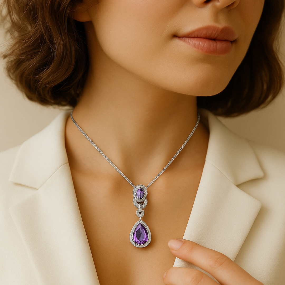Amethyst Charm - Elegant Radiance Sterling Silver Jewelry Set Include Pendant Ring Bracelet & Earrings For Women