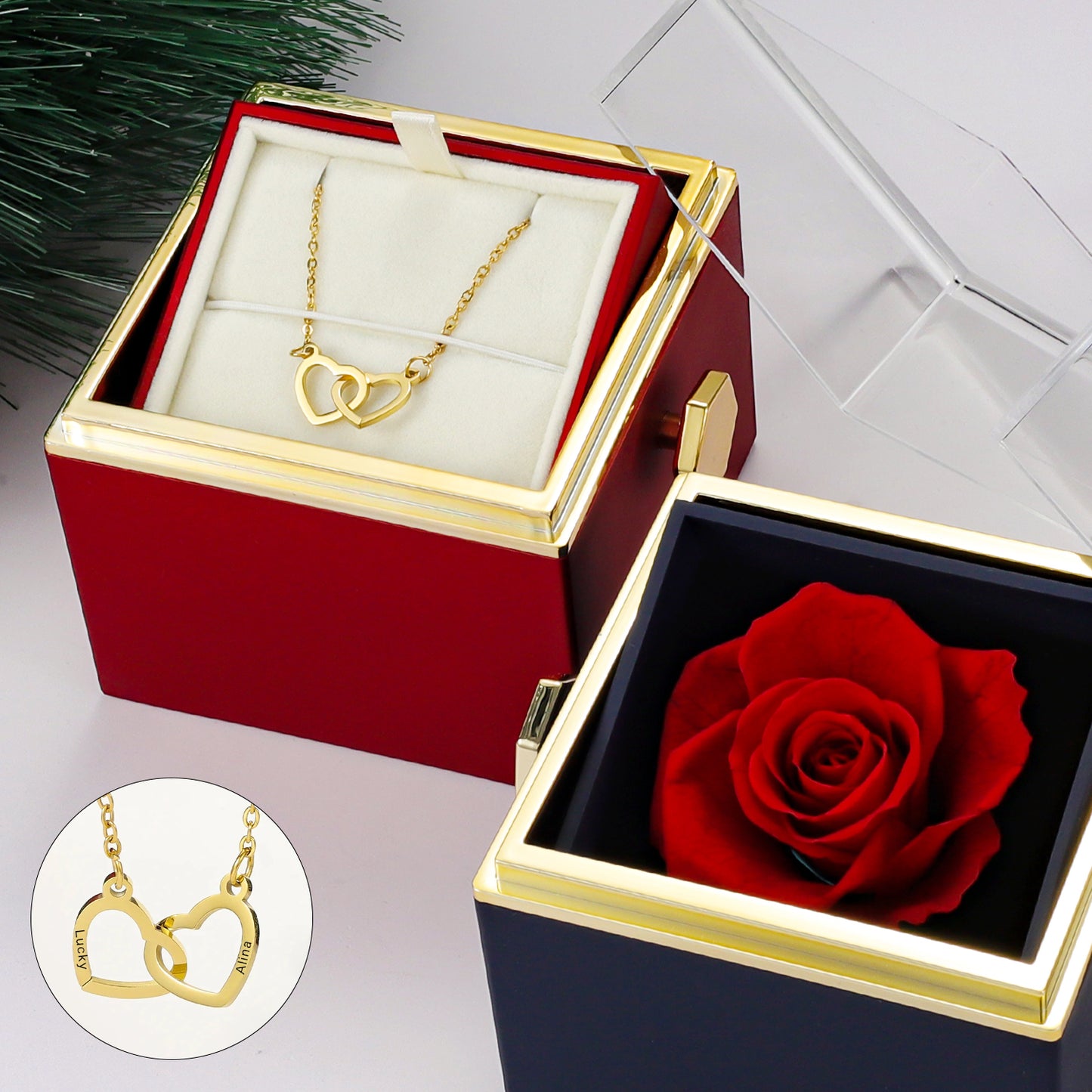 Truly Custom Name Hearts Necklace Eternal Rose Gift Box Rotate for Her on Birthday, Christmas, Mother's Day, Valentine's Day
