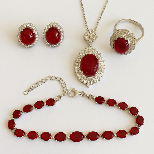 Crimson Empress - July birthstone - Luxury Peridot Ruby Pendant Earring Bracelet & Ring Set For Women