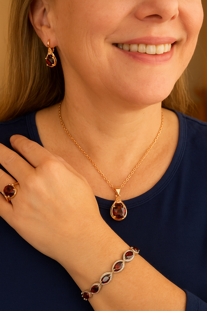 July Majesty - July birthstone - Luxury Peridot Ruby Pendant Earring Bracelet & Ring Set For Women