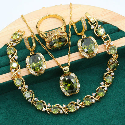 Truly™️ 18K Gold Peridot Ruby Pendant Earring Bracelet & Ring Set For Women