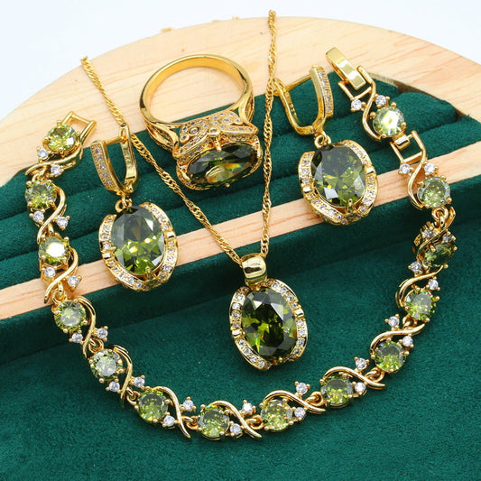 Truly™️ 18K Gold Peridot Ruby Pendant Earring Bracelet & Ring Set For Women