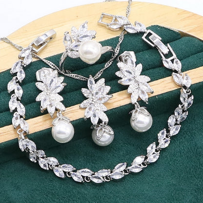 Truly 925 Silver Pearl Pendant Earring Bracelet & Ring Set For Women 5