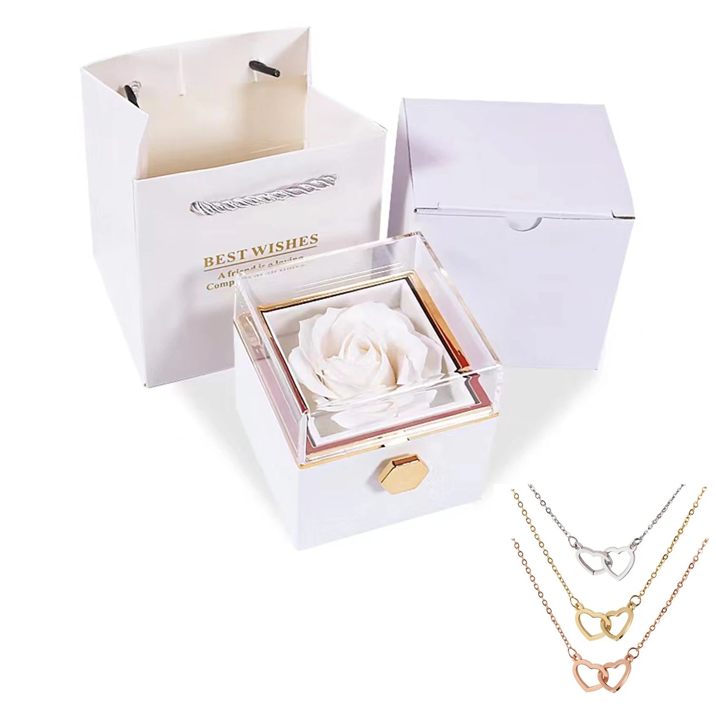 Truly Custom Name Hearts Necklace Eternal Rose Gift Box Rotate for Her on Birthday, Christmas, Mother's Day, Valentine's Day