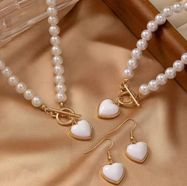 Maricia Pearl Set - Rose Charm Imitation Pearl Necklace Bracelet Earring Stud Set