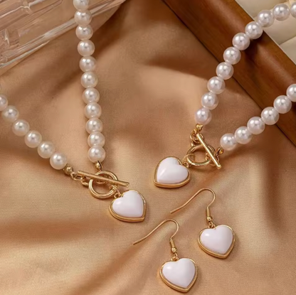 Maricia Pearl Set - Rose Charm Imitation Pearl Necklace Bracelet Earring Stud Set