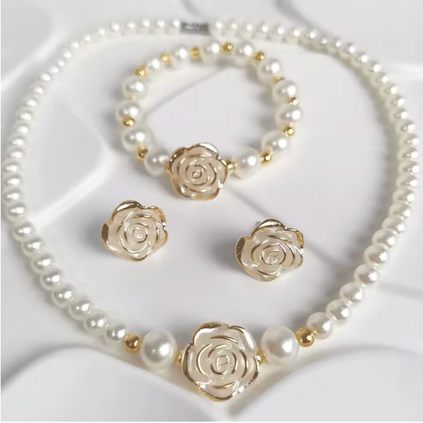 Maricia Pearl Set - Rose Charm Imitation Pearl Necklace Bracelet Earring Stud Set