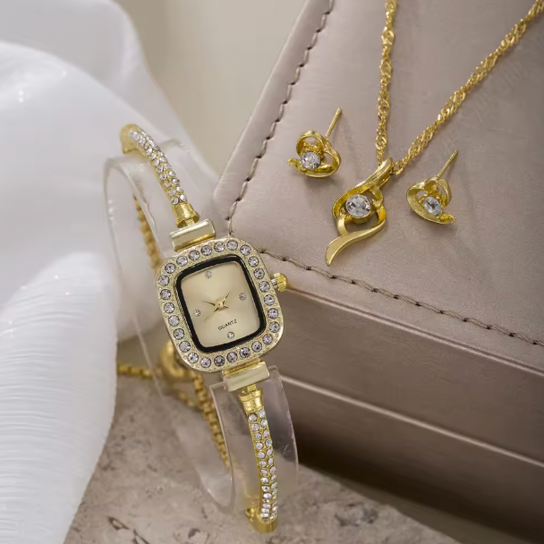 Joanna Luxury Set - Fashionable minimalist square dial alloy quartz watch Necklace Earrings