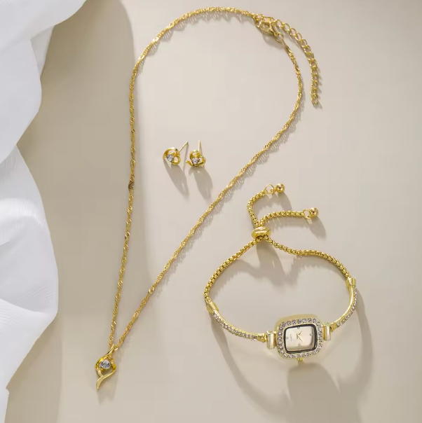 Joanna Luxury Set - Fashionable minimalist square dial alloy quartz watch Necklace Earrings
