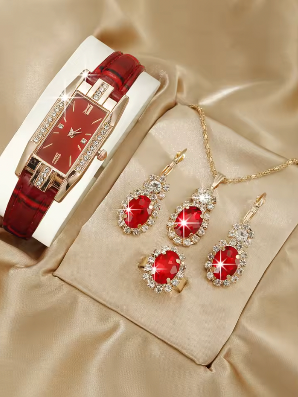Misha Luxury Set For Women - Rectangle Watches Ladies Business Green Leather Quartz Watch Womens Necklace Earrings Bracelet Wristwatch
