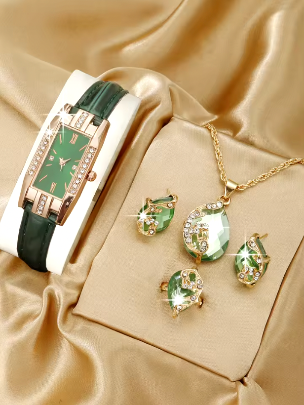 Misha Luxury Set For Women - Rectangle Watches Ladies Business Green Leather Quartz Watch Womens Necklace Earrings Bracelet Wristwatch