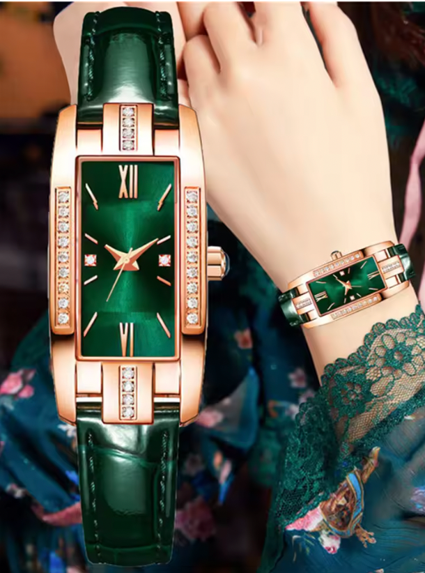 Misha Luxury Set For Women - Rectangle Watches Ladies Business Green Leather Quartz Watch Womens Necklace Earrings Bracelet Wristwatch