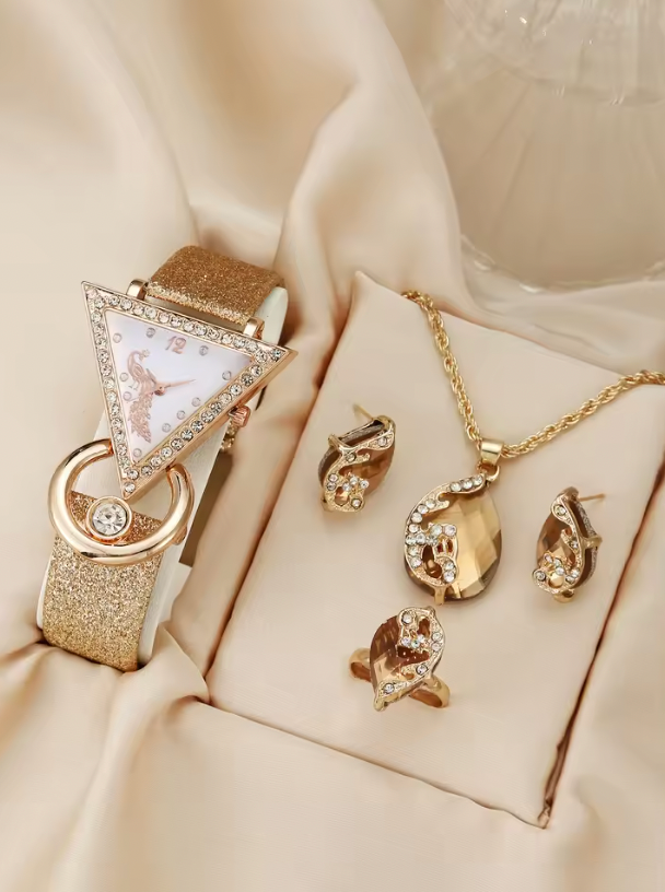 Deanna Luxury Set - Women's rhinestone quartz belt watch jewelry set