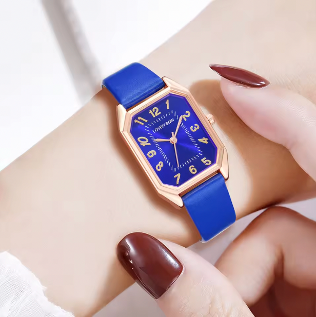 Blue Lapis Love - 6PCS/Set Blue Women Watch Fashionable Rectangular Dial Quartz Wristwatch PU Leather Strap Watch Square Jewelry Set Gift For Mom