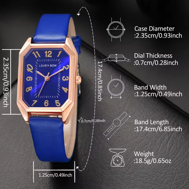 Blue Lapis Love - 6PCS/Set Blue Women Watch Fashionable Rectangular Dial Quartz Wristwatch PU Leather Strap Watch Square Jewelry Set Gift For Mom