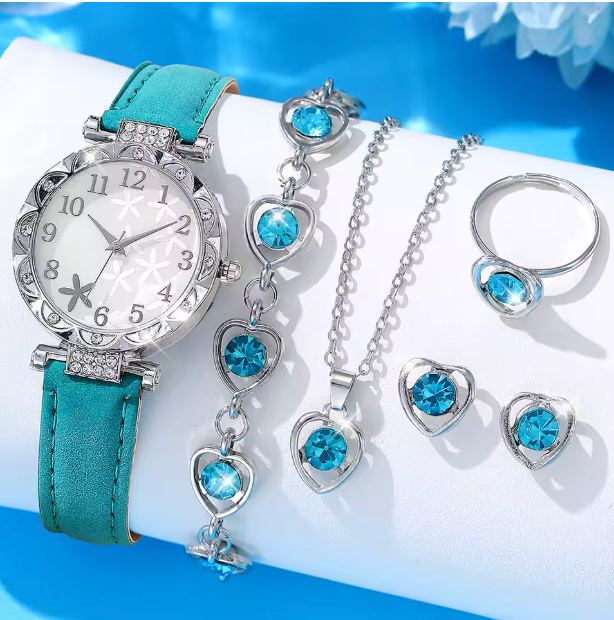 Sky Blue Heart - 6pcs Women's Casual Quartz Watch Strap With Digital Scale, Starfish Pattern, Green And Alloy Colored Diamonds, Heart-shaped Bracelet