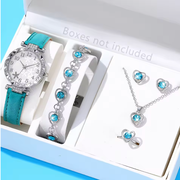 Sky Blue Heart - 6pcs Women's Casual Quartz Watch Strap With Digital Scale, Starfish Pattern, Green And Alloy Colored Diamonds, Heart-shaped Bracelet