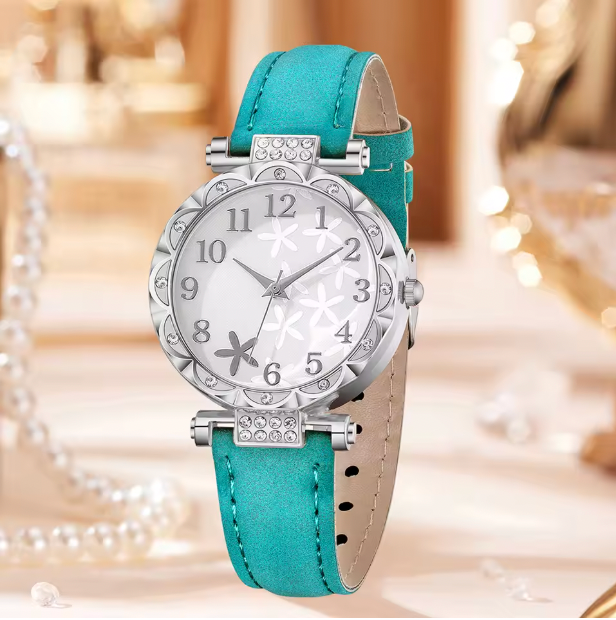 Sky Blue Heart - 6pcs Women's Casual Quartz Watch Strap With Digital Scale, Starfish Pattern, Green And Alloy Colored Diamonds, Heart-shaped Bracelet