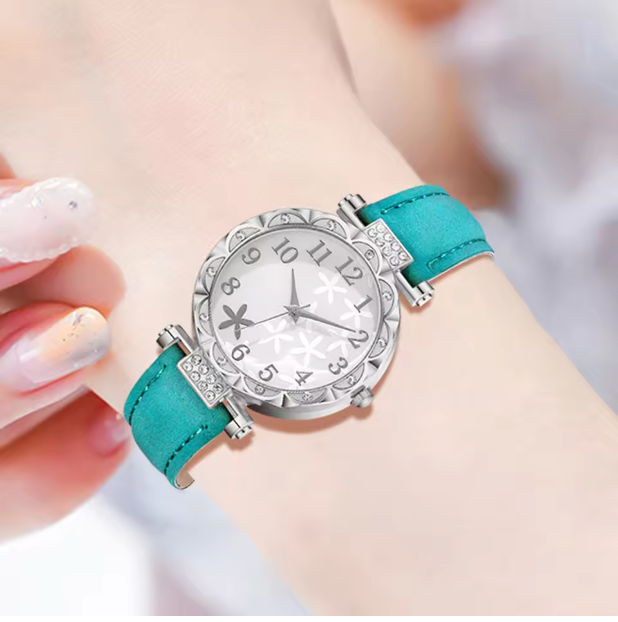 Sky Blue Heart - 6pcs Women's Casual Quartz Watch Strap With Digital Scale, Starfish Pattern, Green And Alloy Colored Diamonds, Heart-shaped Bracelet