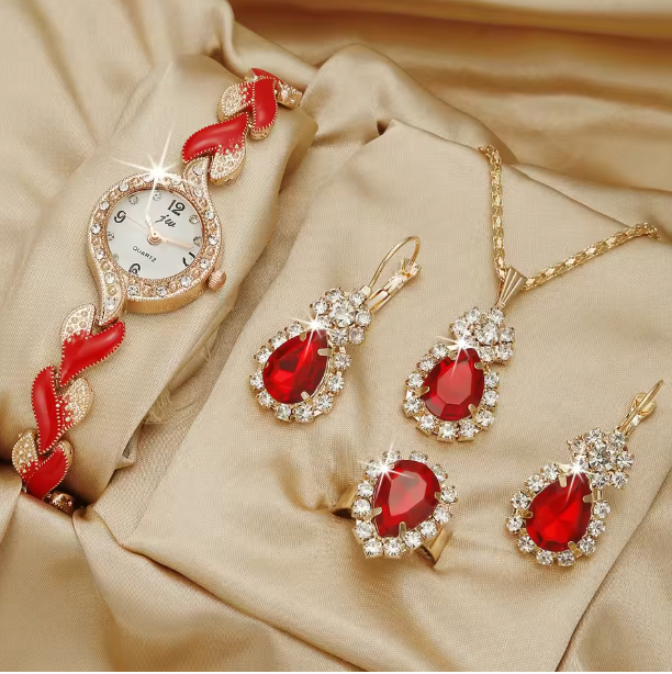 Enchanted Glow Jewelry Set - A Stylish, Casual And Versatile Women's Love With Diamond Inlaid Quartz Watch And Jewelry Three Piece Set