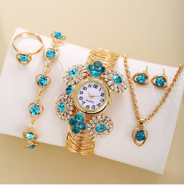 Ethereal Touch Luxury Jewelry Set - 6pcs/set luxury women's bracelet, necklace , quartz watch, earrings & ring