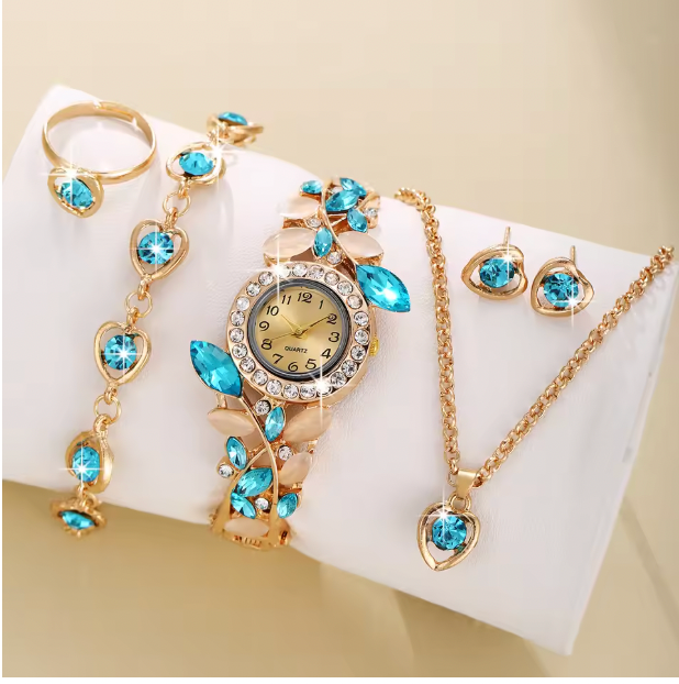 Crystal Symphony Luxury Jewelry Set - 6pcs Set Light Luxury Elegant Women's Bracelet Quartz Watch, Bracelet, Necklace, Earrings & Ring