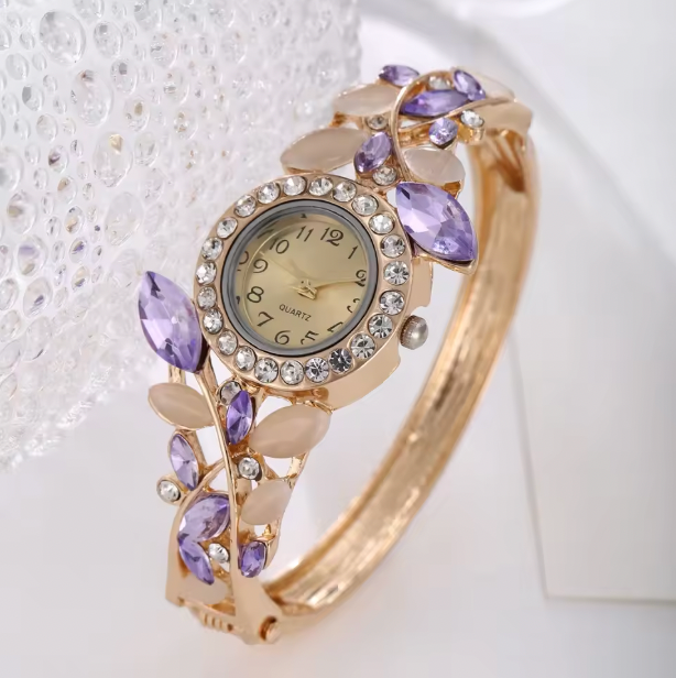 Amethyst Allure Luxury Jewelry Set - Women's fashion trend diamond Rhinestone Quartz Watch, Necklace, Earrings & Ring