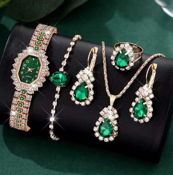 Verdant Glow Jewelry Set - 6pcs Women's Elegant Quartz Watch Alloy Strap with Digital Scale Rose Gold and Alloy Water Diamond Water Drop Bracelet Necklace