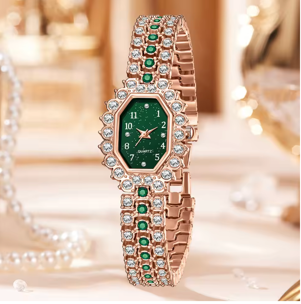 Verdant Glow Jewelry Set - 6pcs Women's Elegant Quartz Watch Alloy Strap with Digital Scale Rose Gold and Alloy Water Diamond Water Drop Bracelet Necklace