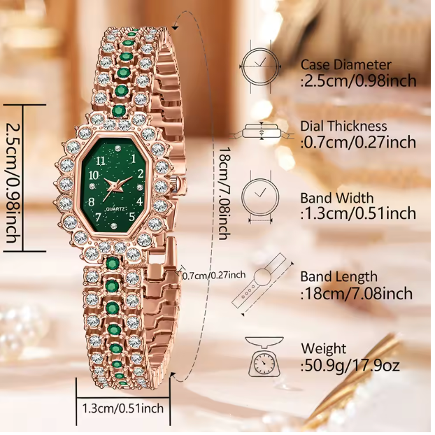 Verdant Glow Jewelry Set - 6pcs Women's Elegant Quartz Watch Alloy Strap with Digital Scale Rose Gold and Alloy Water Diamond Water Drop Bracelet Necklace