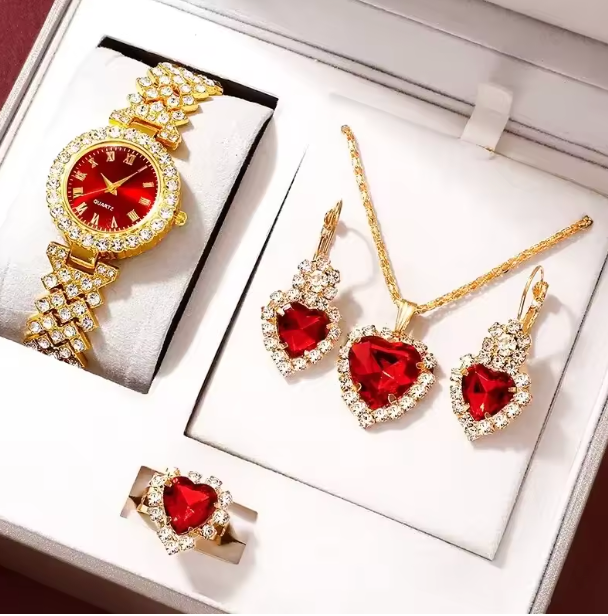 Red Velvet Sparkle Jewelry Set - Golden Luxury Watch Women Ring Necklace Earring Rhinestone Fashion Wristwatch Casual Ladies Bracelet Watches Jewelry Set