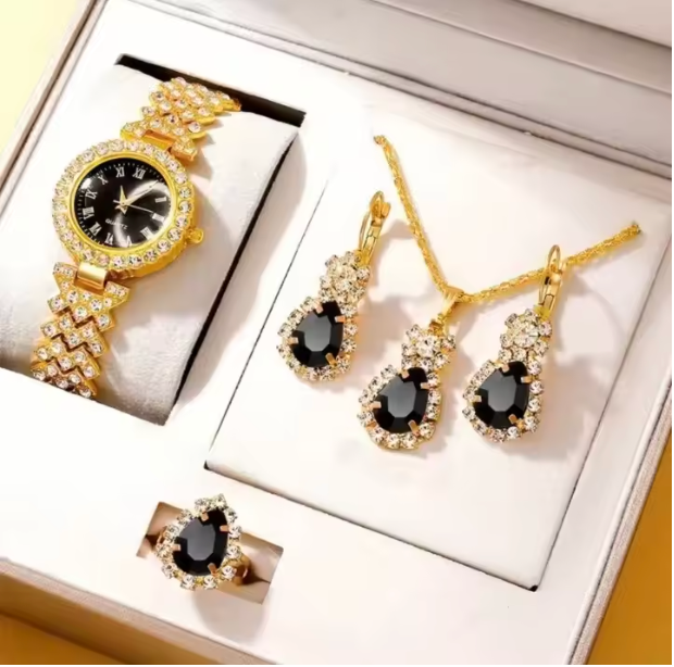 Red Velvet Sparkle Jewelry Set - Golden Luxury Watch Women Ring Necklace Earring Rhinestone Fashion Wristwatch Casual Ladies Bracelet Watches Jewelry Set