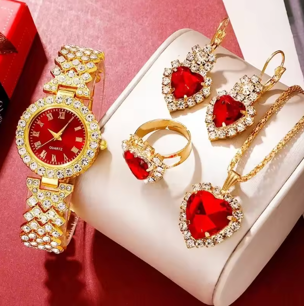 Red Velvet Sparkle Jewelry Set - Golden Luxury Watch Women Ring Necklace Earring Rhinestone Fashion Wristwatch Casual Ladies Bracelet Watches Jewelry Set