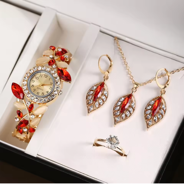 Infinity Glow Set - 2PCS New Fashionable Leaf Diamond Decorative Women's Quartz Watch Exquisite Trend