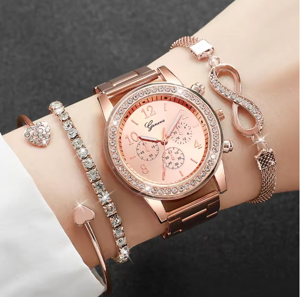 Opaline Grace - 4pcs/set Women's Light Luxury Elegant Quartz Temperament Watch Casual Sports Style Quartz Watch With Bracelet (Box Not Included)