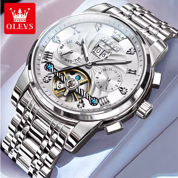 Titan Chrono Men Luxury Watch - Mens Watch Automatic Mechanical Tourbillon Slef-Wind Luxury Stainless Steel Waterproof Luminous Date Wrist Watch
