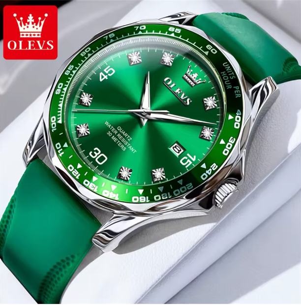 Legacy Meridian Men Luxury Watch - Golden Green Quartz Watch for Men Luxury Brand Diving Waterproof Stainless steel Rubber Strap Men's Watches Original 9988