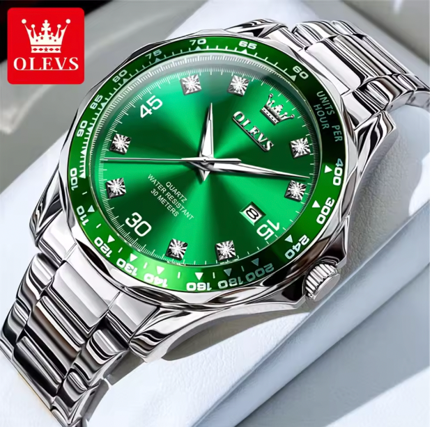 Legacy Meridian Men Luxury Watch - Golden Green Quartz Watch for Men Luxury Brand Diving Waterproof Stainless steel Rubber Strap Men's Watches Original 9988
