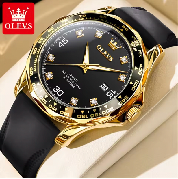 Legacy Meridian Men Luxury Watch - Golden Green Quartz Watch for Men Luxury Brand Diving Waterproof Stainless steel Rubber Strap Men's Watches Original 9988
