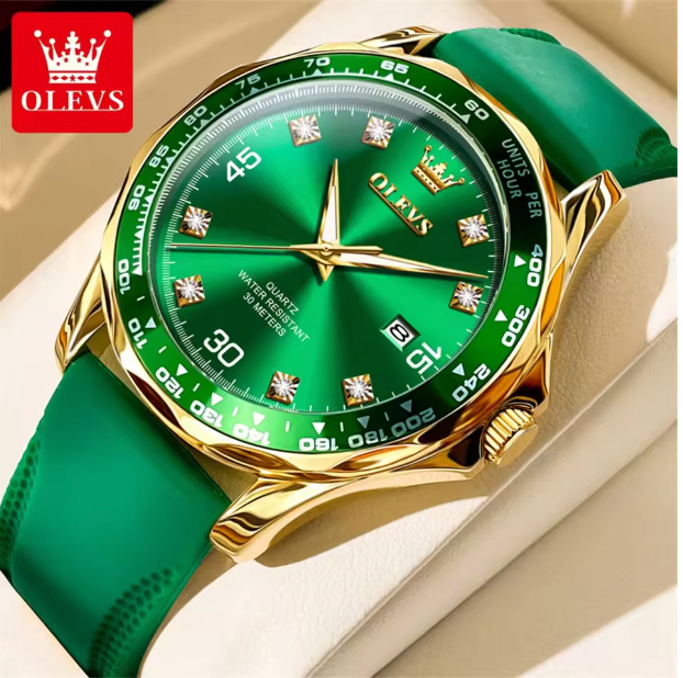 Legacy Meridian Men Luxury Watch - Golden Green Quartz Watch for Men Luxury Brand Diving Waterproof Stainless steel Rubber Strap Men's Watches Original 9988