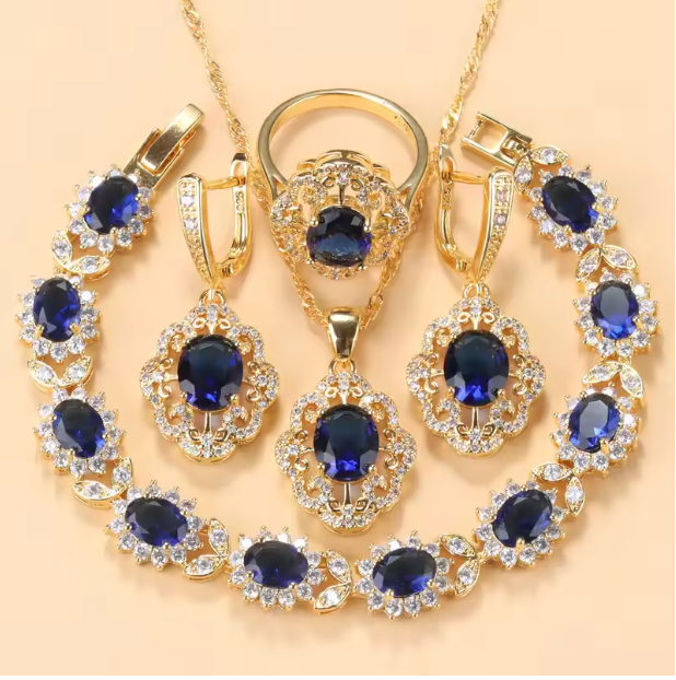 Aurelia Luxe Jewelry Sets - 10-Colors Cubic Zirconia 18K Gold Plated Olive Green Zirconia Charm Bracelet And Ring Jewelry Sets