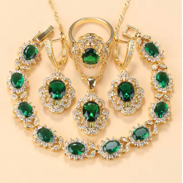 Aurelia Luxe Jewelry Sets - 10-Colors Cubic Zirconia 18K Gold Plated Olive Green Zirconia Charm Bracelet And Ring Jewelry Sets