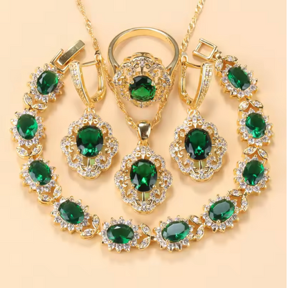 Aurelia Luxe Jewelry Sets - 10-Colors Cubic Zirconia 18K Gold Plated Olive Green Zirconia Charm Bracelet And Ring Jewelry Sets