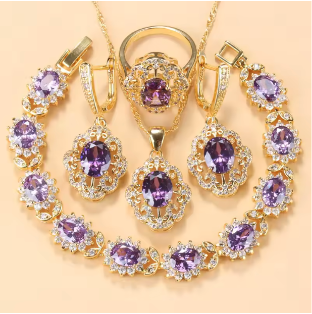 Aurelia Luxe Jewelry Sets - 10-Colors Cubic Zirconia 18K Gold Plated Olive Green Zirconia Charm Bracelet And Ring Jewelry Sets