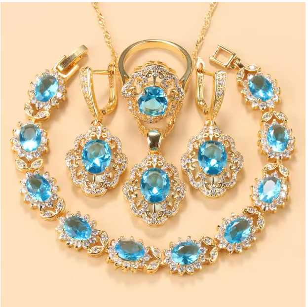 Aurelia Luxe Jewelry Sets - 10-Colors Cubic Zirconia 18K Gold Plated Olive Green Zirconia Charm Bracelet And Ring Jewelry Sets